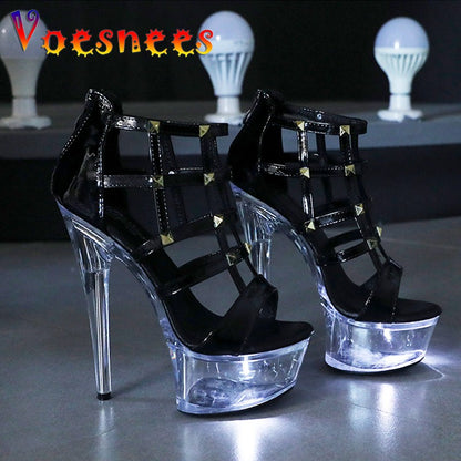Light Up Glowing Sandals Women Transparent Platform Luminous Wedding High Heels Fashion Rivet Summer Nightclub Stripper Shoes