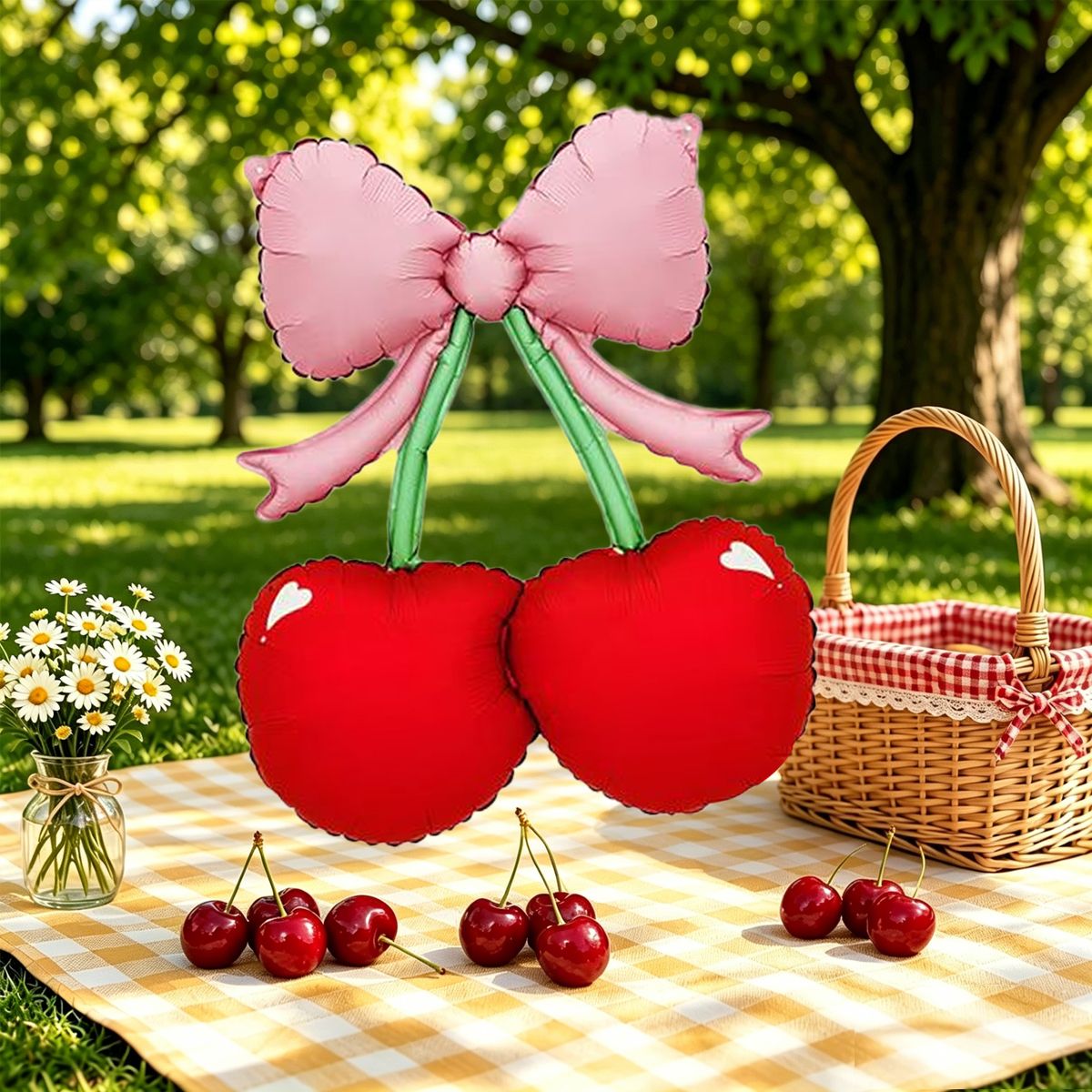 2pcs Set  Bowknot & Cherry Foil Balloons — Perfect for Birthdays, Summer Parties, Outdoor Picnics, and Cherry-Themed Events