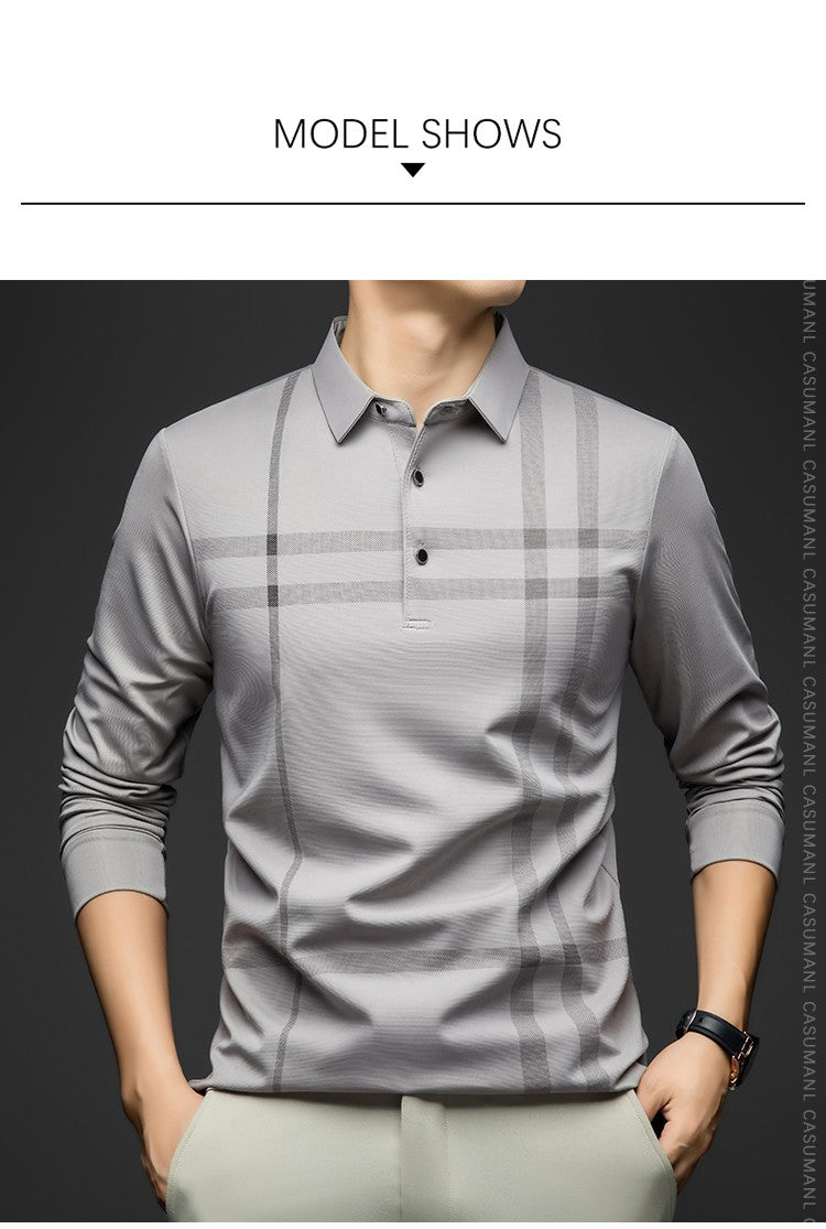 BROWON Graphic Polo Shirt Men 2025 Autumn New Business Slim Long Sleeve T Shirt Man Casual Loose Printed Striped Clothes for Men