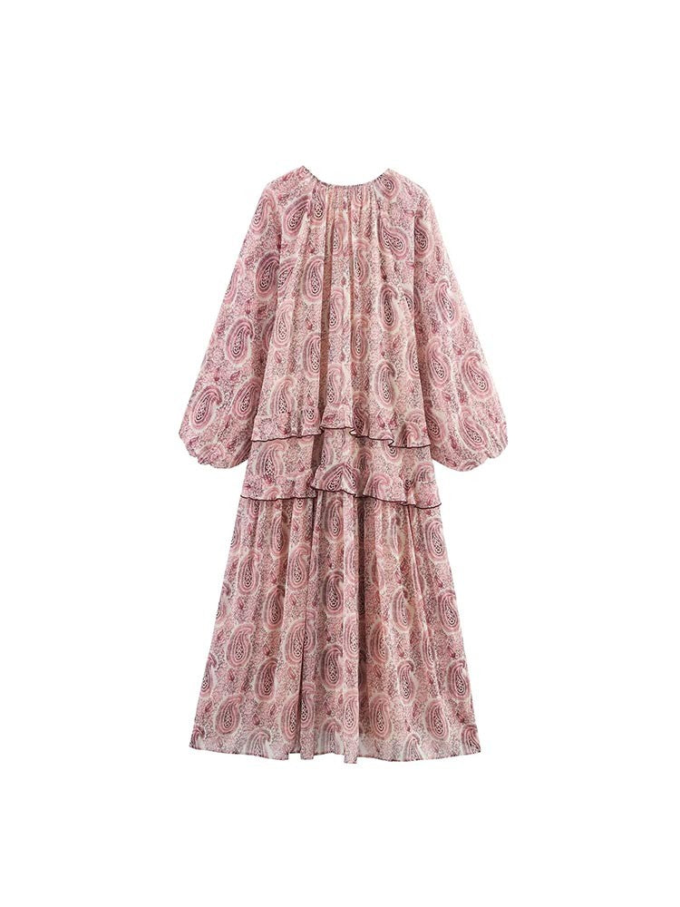 2025 Women Summer MIDI Dress Vintage Print Chiffon V-Neck Cascading Ruffle Long