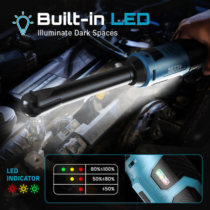 Chave Catraca Estendida SEESII 6" Chave Elétrica Sem Fio 3/8" 55Nm 12V Chave de Ângulo Recarregável Ferramentas para Reparo Automotivo c/2 Baterias