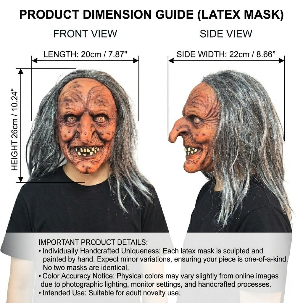 Creepy Witch Mask With Lifelike Wrinkles & Gray Hair - Halloween Scary Costume Accessory For Party/Haunted House/Cosplay