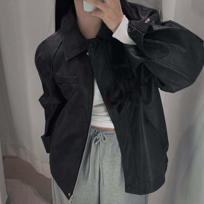 Sli Loose PU Leather Jaet Women's Chic Retro Collar Versatile BF Sle Motorcycle Clothes Trendy Long Sve Zipper