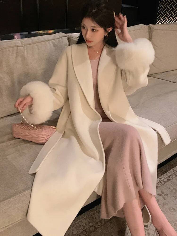 [EWQ] Wool Fox Fur Sleeve Women Coat Elegant Clothing Autumn 2025 Winter Double-sided Jacket Big Size Wine Red Overcoats 16O2751