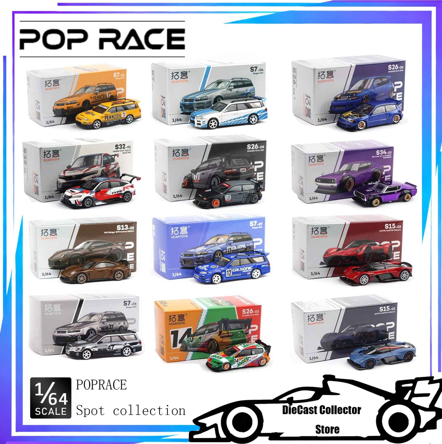 POP RACE 1/64 Porsche RWB Skyline GTR PANDEM DATSUN Mazda RX7 Toyota Coleção de Carros Miniatura de Liga Fundida em Vitrine