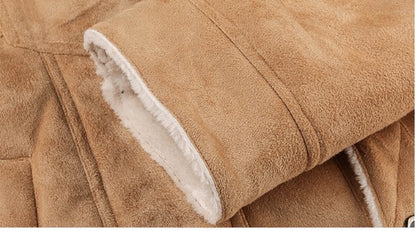 Autumn Winter Coat Men Jacket Vintage Solid Turn-Down Collar Outdoor Training Suede Zip Pocket Lamb Fleece Collar Warm Jacket