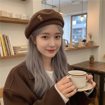 Female Autumn and Winter Temperament Retro Cartoon Teddy Bear Big Head Circumference Showing Face Small Fashion Woolen Beret
