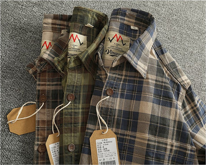 2024 Spring and Autumn New American Retro Woven Plaid Cargo Shirt Men's Simple 100% Cotton Washed Single Pocket Thin Jacket