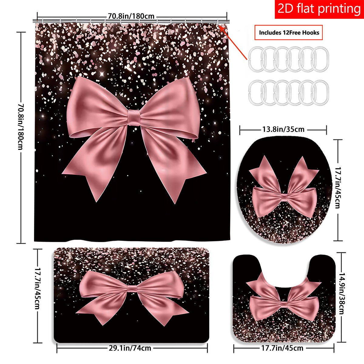 4pcs Black and Pink Large Bow Pattern Printed Shower Curtain Set, Wet & Dry Bathroom 4-Piece Set, Home Decor Shower Curtain with