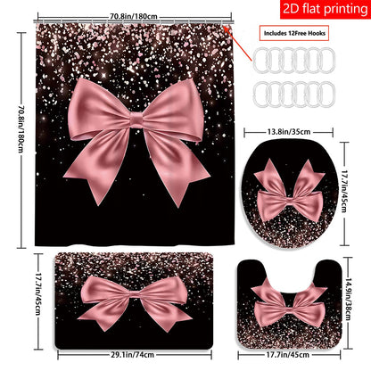 4pcs Black and Pink Large Bow Pattern Printed Shower Curtain Set, Wet & Dry Bathroom 4-Piece Set, Home Decor Shower Curtain with