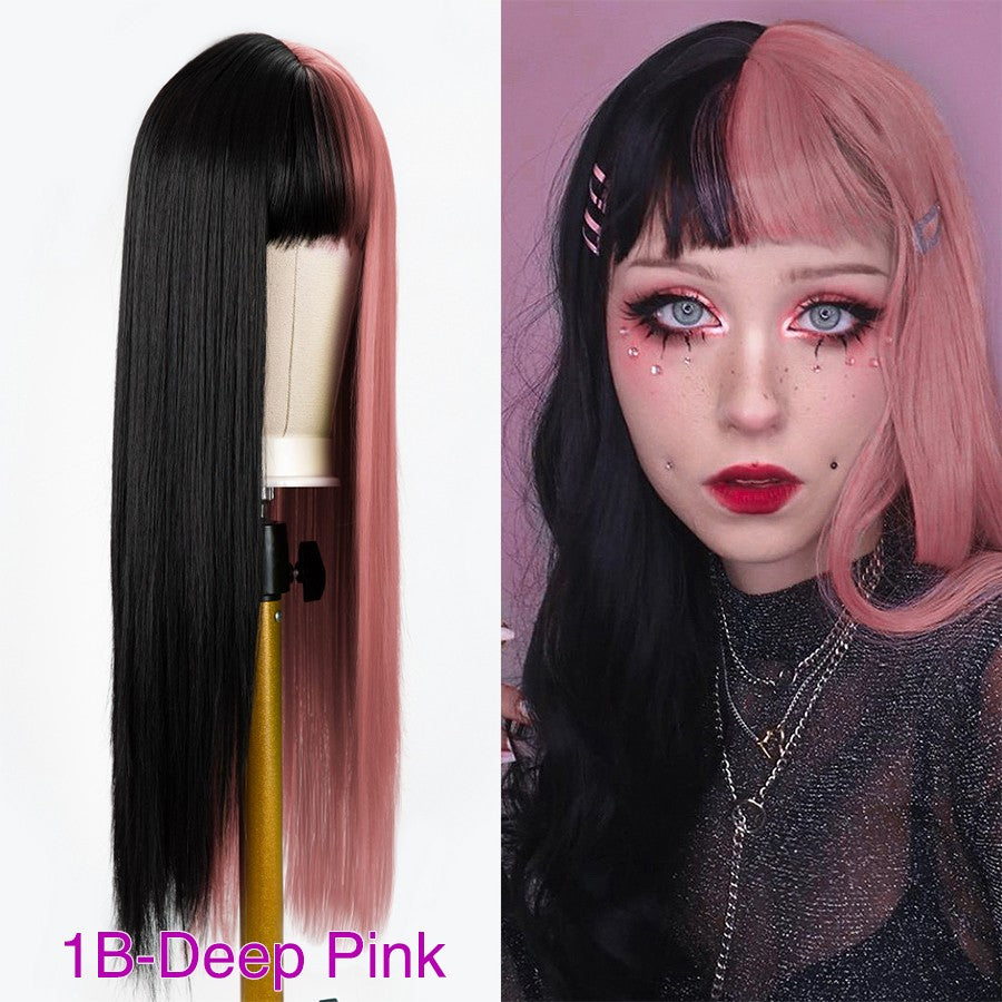 Green And Black Lolita Cosplay Wig Straight Wigs With Bangs Synthetic Heat Resistant Two Tone Wigs Black & Pink Split Color Wig