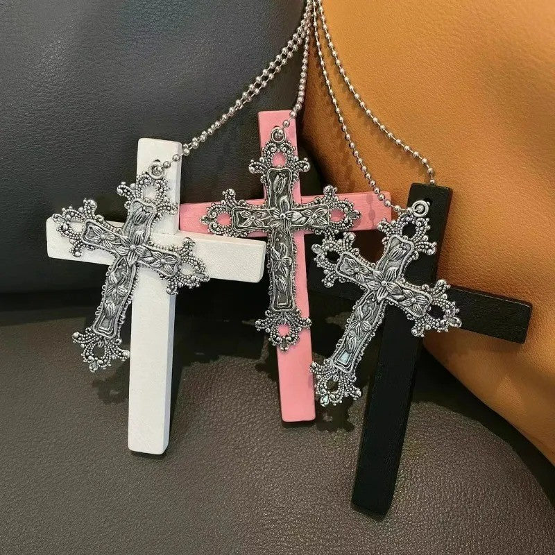 Personality Punk Trendy Cool Gothic Wood Cross Pendant NNecklace for Women Men Vintage Hip Hop Y2k Necklace Party Jewelry Gift