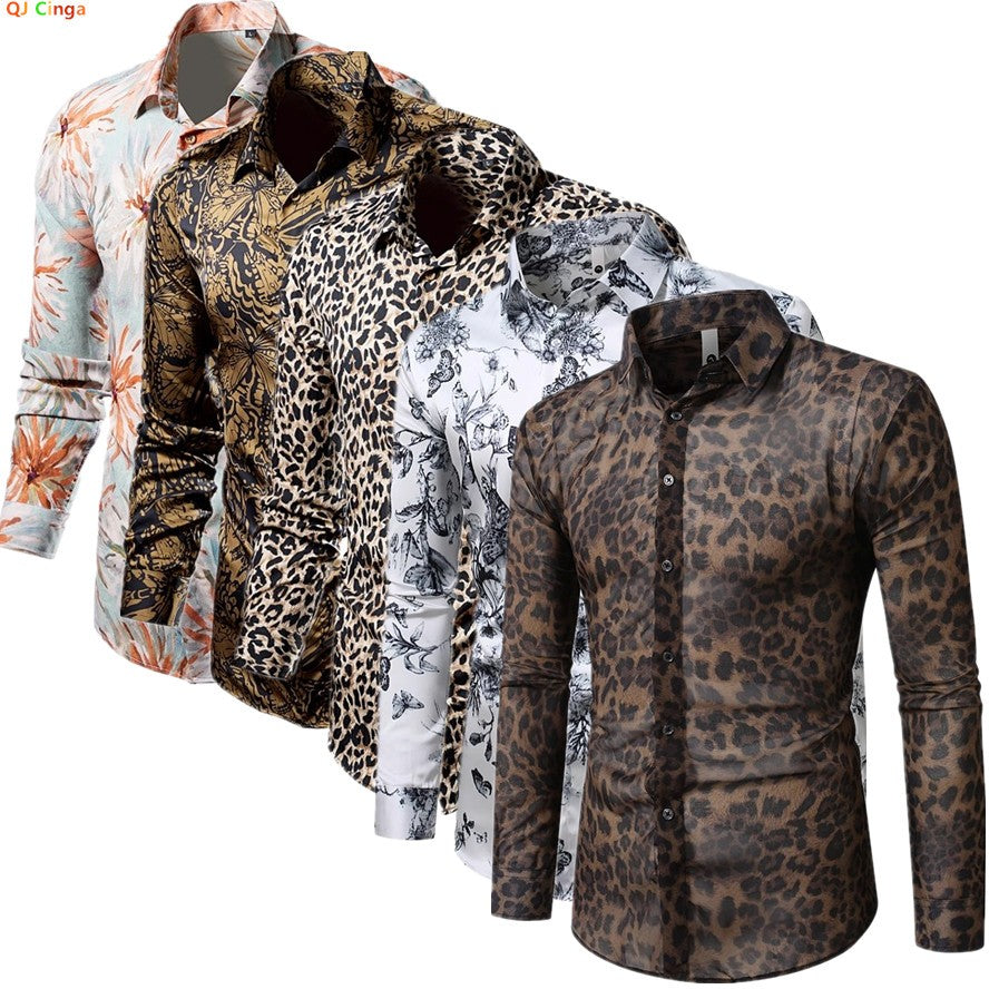 QJ CINGA Brand Men Leopard Print Long-sleeved Shirt, White Single-breasted Button-down Collar Printed Shirts, Asian Size M-6XL