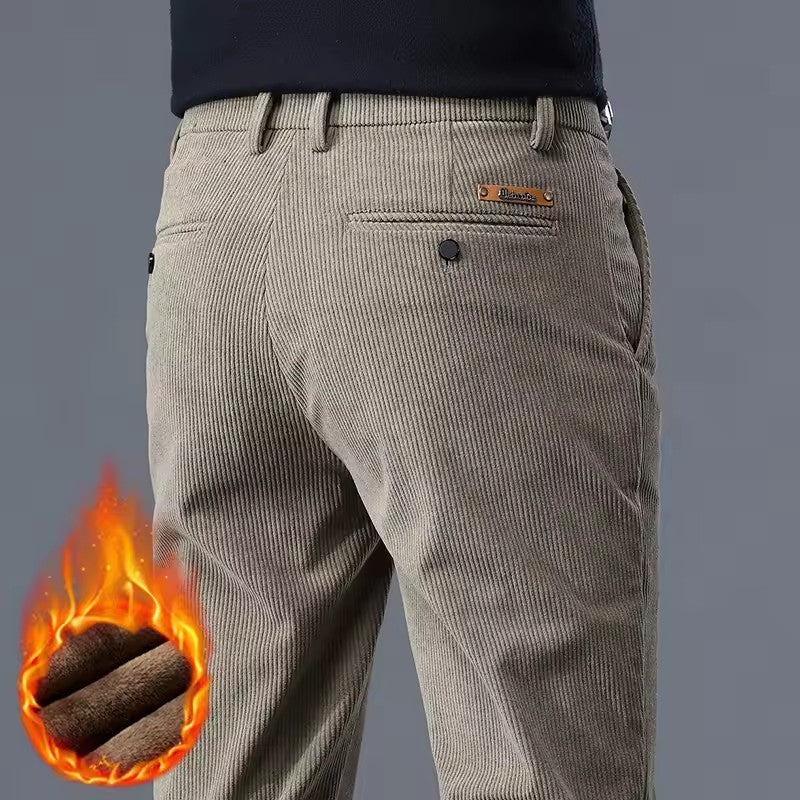 New Fleece Pants Men Casual Work Business Trousers Winter Corduroy Straight Slim Pants Outdoor Streetwear Thick Warm Sweatpants