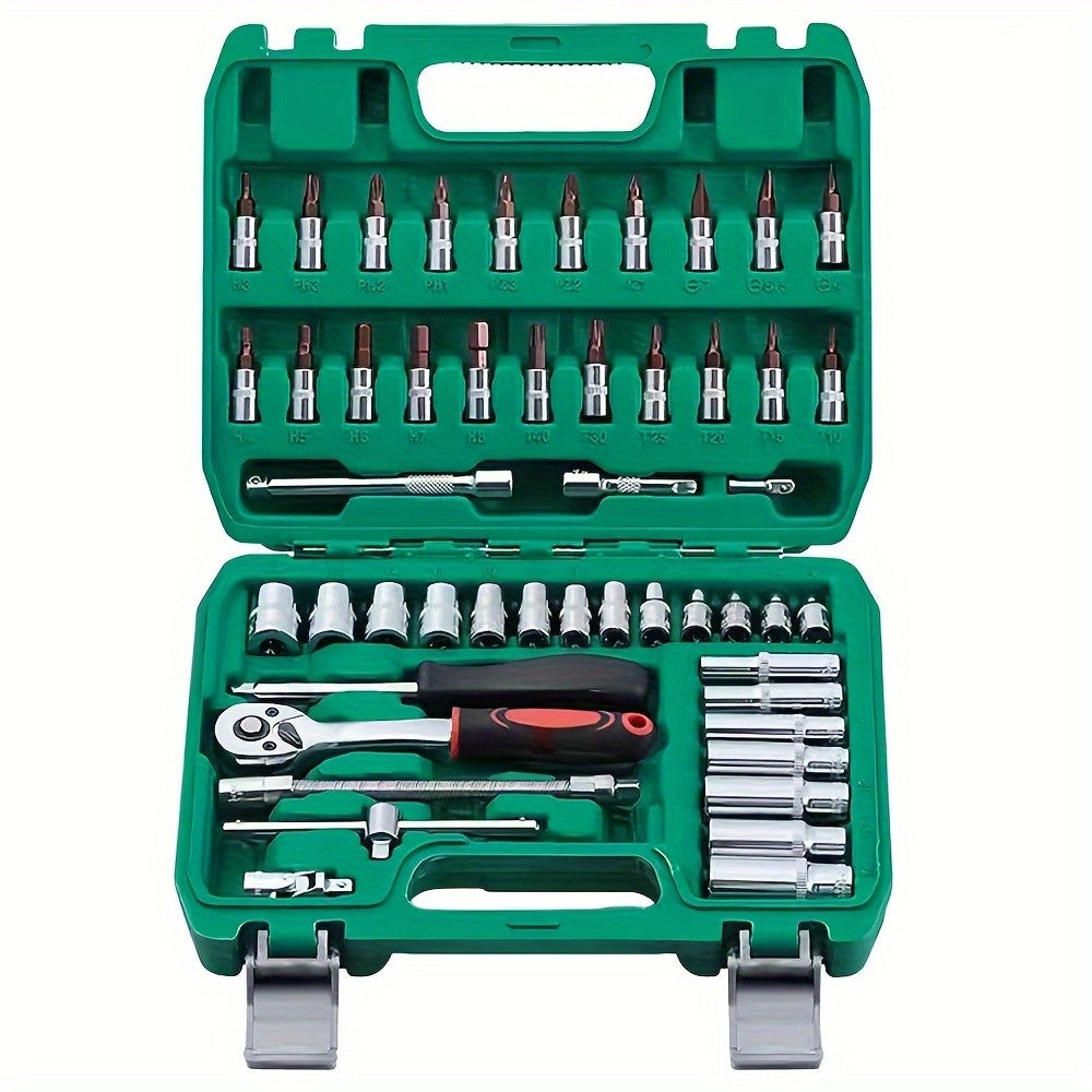 Kit Chaves Soquete Catraca 1/4" Com 53 Peças, Soquetes Bits, Medidas Métricas e Barra de Extensão Para Reparos Automotivos