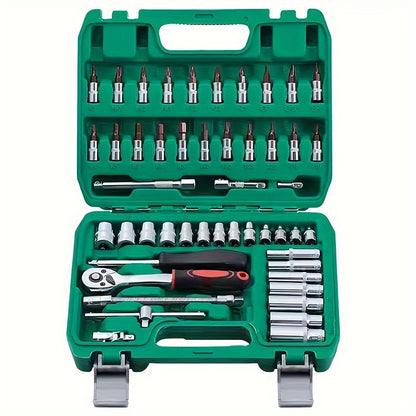 Kit Chaves Soquete Catraca 1/4" Com 53 Peças, Soquetes Bits, Medidas Métricas e Barra de Extensão Para Reparos Automotivos