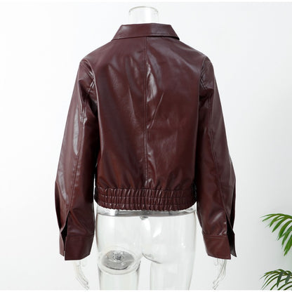Full Sleeve Cropped Women Casual Slim Thin Motorcycle Coat Chic Zipper Lapel Wine Red Leather Jacket Lady New Highstreet Outwear