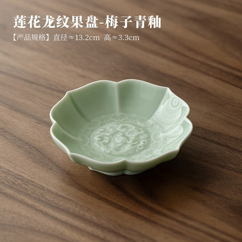 Creative Lotus Pattern Fruit Plate Zen Ceramic Snack Plate Retro Fruit Dishes Boutique Pastry Plate Hospitality Dishes Crafts