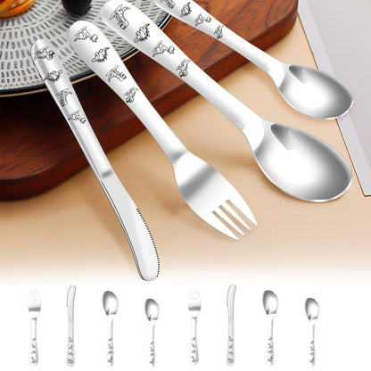 Conjunto de talheres de dinossauro 8 peças de aço inoxidável para crianças, garfo, colher e faca, talheres infantis, utensílios para bebês e crianças