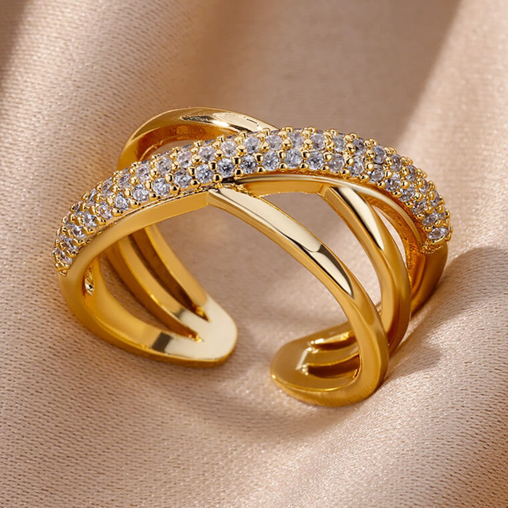 Anéis de Aço Inoxidável Banhados a Ouro com Cristal para Mulheres Corrente Geométrico Zircônia Anel de Dedo Joia Presente anillos mujer 2025 Novo e Moderno