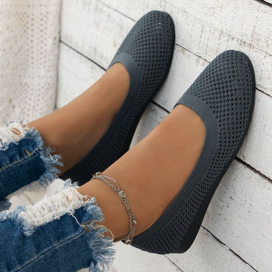 Cross-Border New Solid Color Round Toe Feizhi Flat Ballet Flats Women Casual Breathable Knit Slip-On Work Shoes