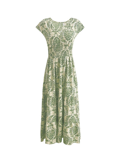 2025 vintage printed dress fashionable and elegant V-neck short sleeved jumpsuit long skirt women's clothing