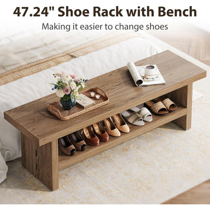 2 Tier Entryway Bench, 47.24" Shoe Bench, Rustic Shoe Rack, Wooden Storage Bench for Entryway Hallway Living Room Bedroom, Easy