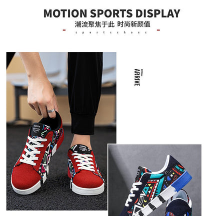YRZL Men's Sports Running Shoes Canvas Geometric Style Lace-Up Sneakers Couples' Fashionable Graffiti Print Skate Shoes Men