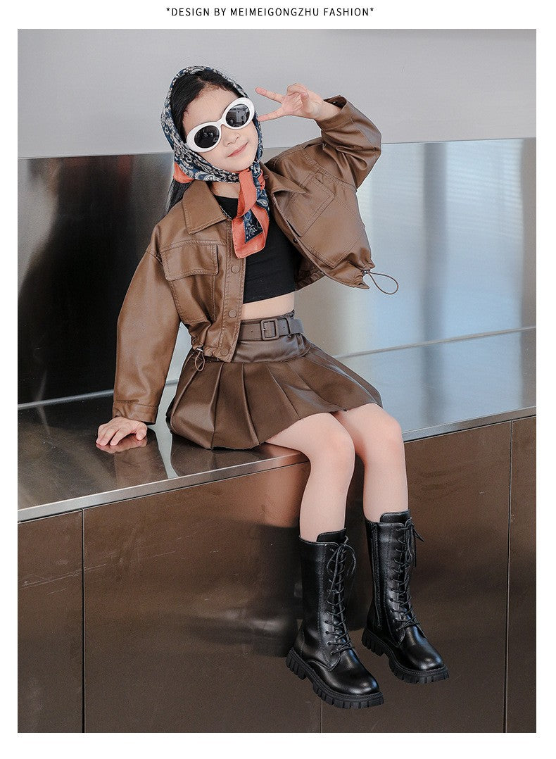 2025 Autumn/Winter  Fashion Cool Baby Girls Warm Square Heel Round Toe Casual Lace-Up Comfortable Kids Black Mid Boots