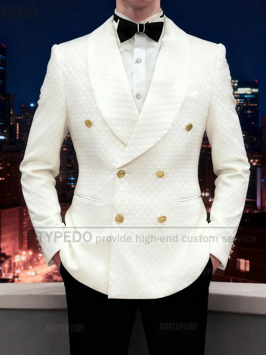 Elegant Men Slim Fit Suit Sets Wedding Party Groom Texudos Brief Casual Gold Button Shawl Lapel Formal Evening Gown 2 pieces