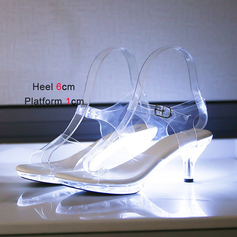 6CM Women's Kitten Heels Slides LED Light Sandals Nightclub Slim Heel Transparent Crystal Outside Slippers Tourist Beach Shoes