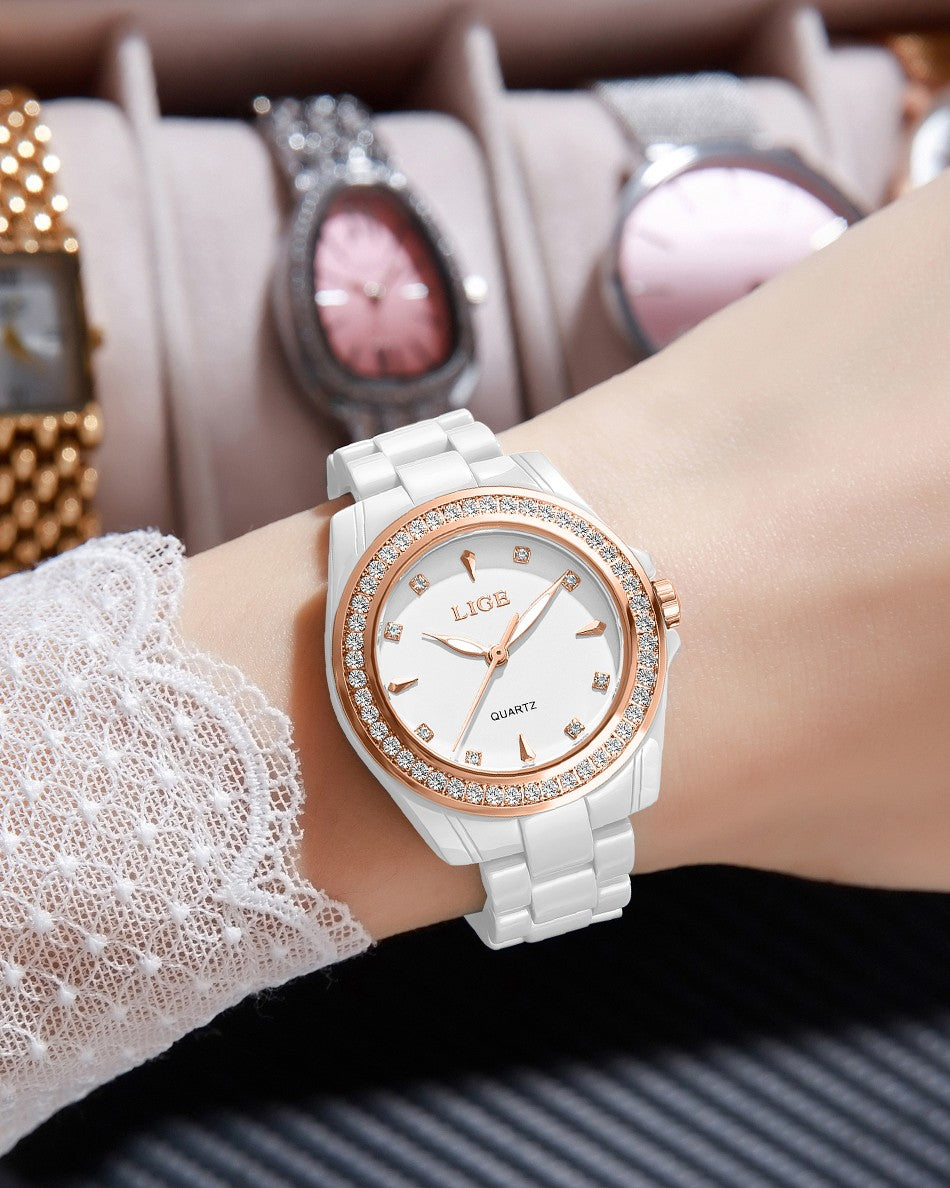 LIGE Fashion Elegant Watch for Women Ceramics Strap Diamond wristwatch Luxury Ladies Bracelet Quartz Watches Gifts Reloj Mujer