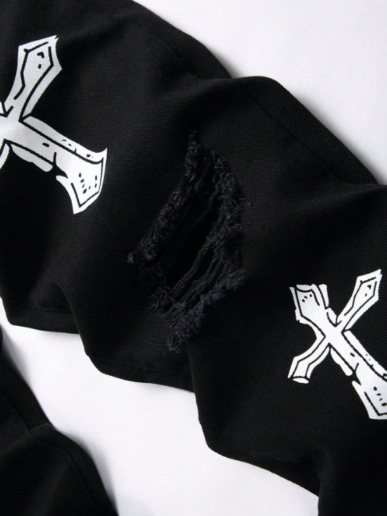 High street black youth cross print elastic hole patch tight jeans for men
