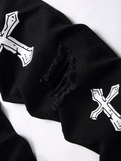 High street black youth cross print elastic hole patch tight jeans for men