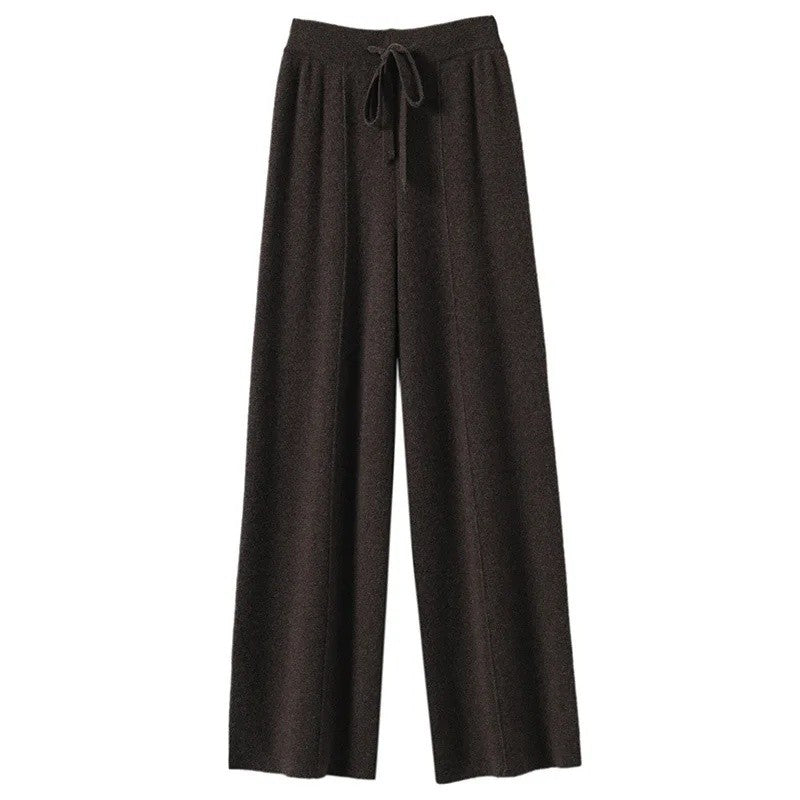 High Waist Wide Leg Pants Mid-Seam Knitted Trousers Drawstring Waist Belted Floor-Length Pure Color Versatile Autumn Winter Casu