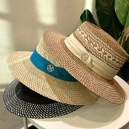Chapéu de Palha Feminino de Verão Chapéu de Sol Luxuoso Feminino Chapéu de Praia de Proteção Solar da Moda Chapéu Panamá Francês Chapéu Raff de Aba Larga com Topo Abaulado
