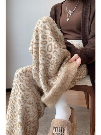 Coffee Leopard Print Knitted Wide Leg Pants Women Mink Fleece Warm Winter Double-sided Fleece Winter Pants Lazy Hanging Feeling