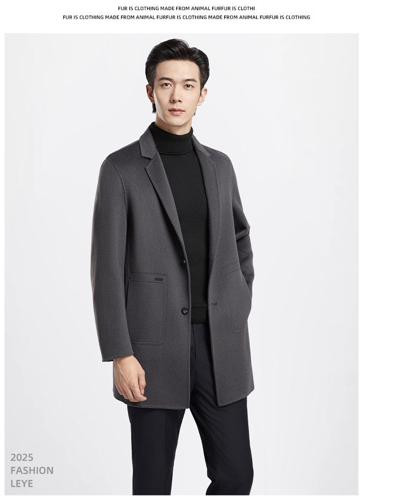 Men's 100% Wool Blend Overcoat - British-Inspired Mid-Length Trench Coat for All-Weather Smart Casual Wear