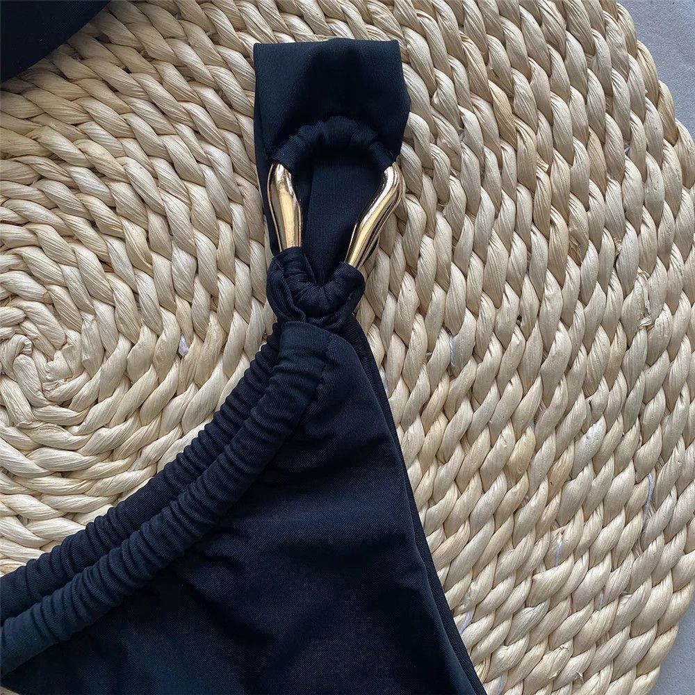 Solid Pink Bandeau Micro Bikini Thong Metal Ring Sexy Swimsuit Women Holiday Ladies Swimwear High Cut Bathing Suit Bikinis Sets