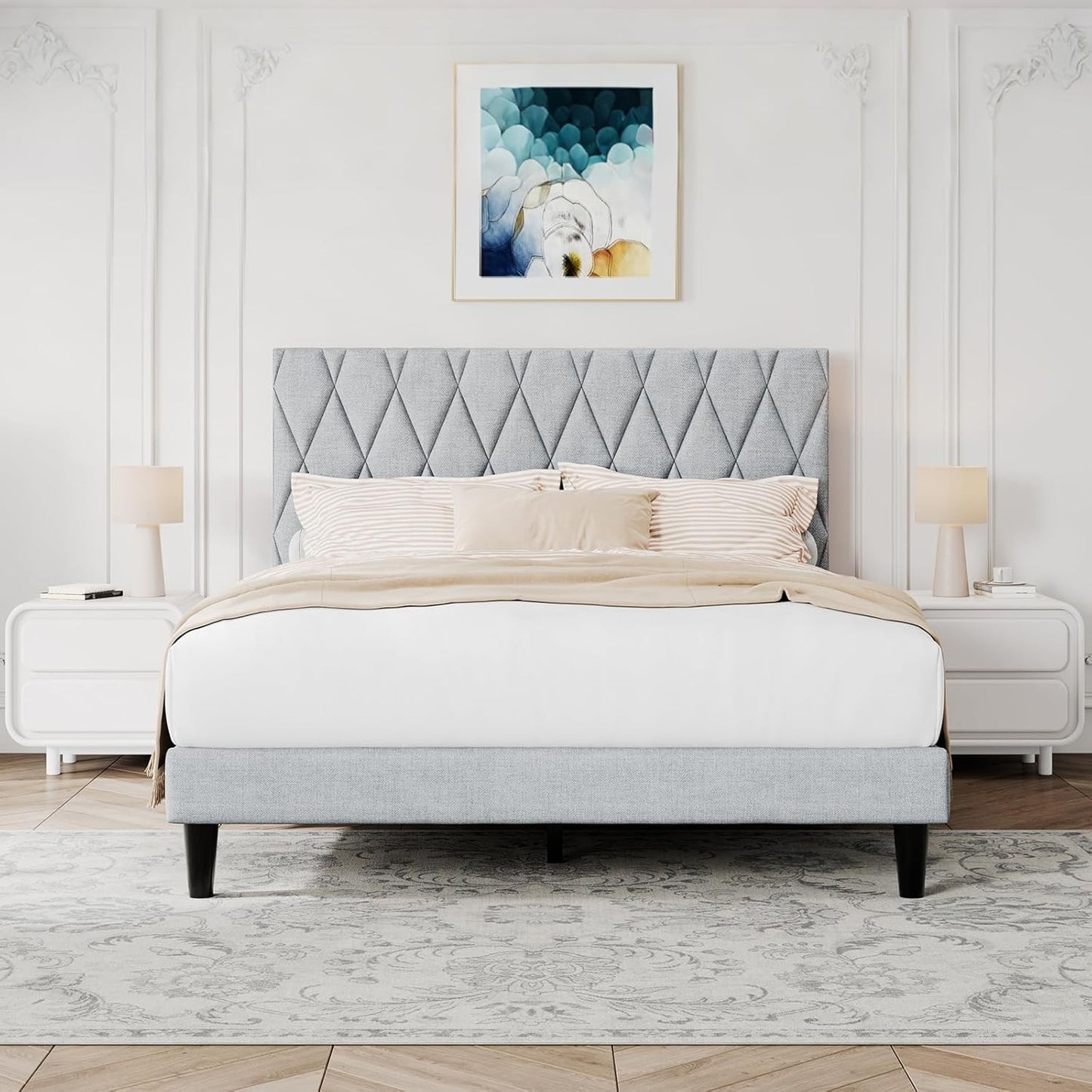 King Platform Bed Frame with Storage Space, Fabric Upholstered Headboard, Fully Upholstered Mattress Foundation, No Box Spring N