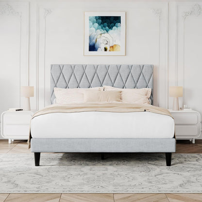 King Platform Bed Frame with Storage Space, Fabric Upholstered Headboard, Fully Upholstered Mattress Foundation, No Box Spring N