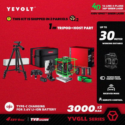 Nível a Laser Verde YEVOLT YVGLL4XS16 Series 4 Planos 16 Linhas Autonivelante 360 3D Ferramentas de Medição de Potência Horizontal e Vertical