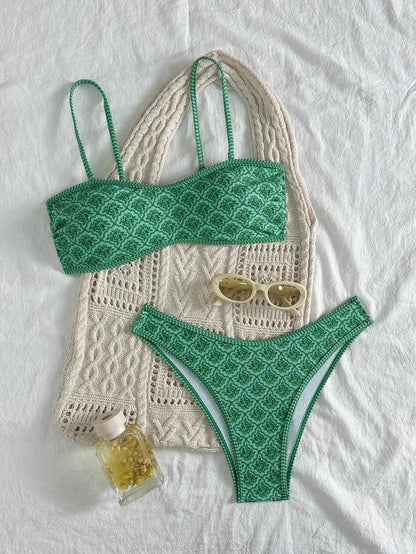 Sexy Bandeau Bikini 2025 Women Green Floral Pleate Push Up Padded Thong Swimsuit Summer Bathing Suit Two Piece Swimwear Biquini