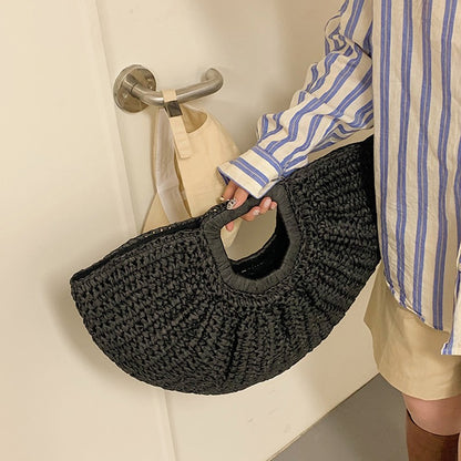 Summer Straw Women Half-moon Beach Handbag Rattan Handmade Handle Fashion Kintted Tote Bag