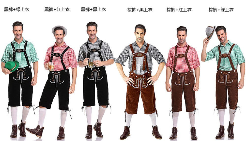 Germany Oktoberfest Costumes Adult Men Traditional Bavarian Beer Shorts Outfit Overalls Shirt Hat Suspenders Set Halloween Cloth
