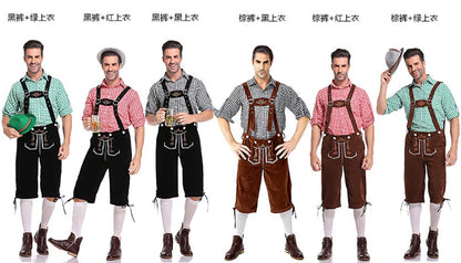 Germany Oktoberfest Costumes Adult Men Traditional Bavarian Beer Shorts Outfit Overalls Shirt Hat Suspenders Set Halloween Cloth