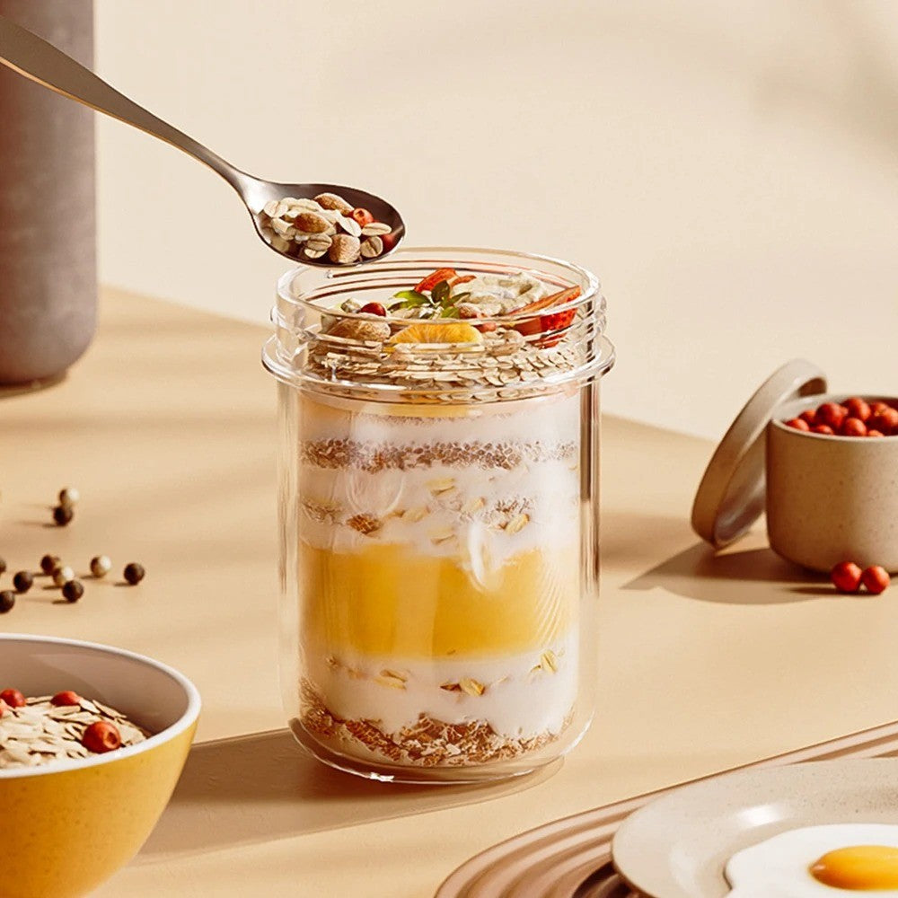 Copo de Aveia Noturna com Tampa e Colher 430ML - Vidro, Selável, Portátil, para Café da Manhã, Cereal, Leite, Salada, Iogurte - Item de Cozinha