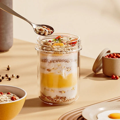 Copo de Aveia Noturna com Tampa e Colher 430ML - Vidro, Selável, Portátil, para Café da Manhã, Cereal, Leite, Salada, Iogurte - Item de Cozinha