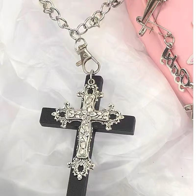 Personality Punk Trendy Cool Gothic Wood Cross Pendant NNecklace for Women Men Vintage Hip Hop Y2k Necklace Party Jewelry Gift