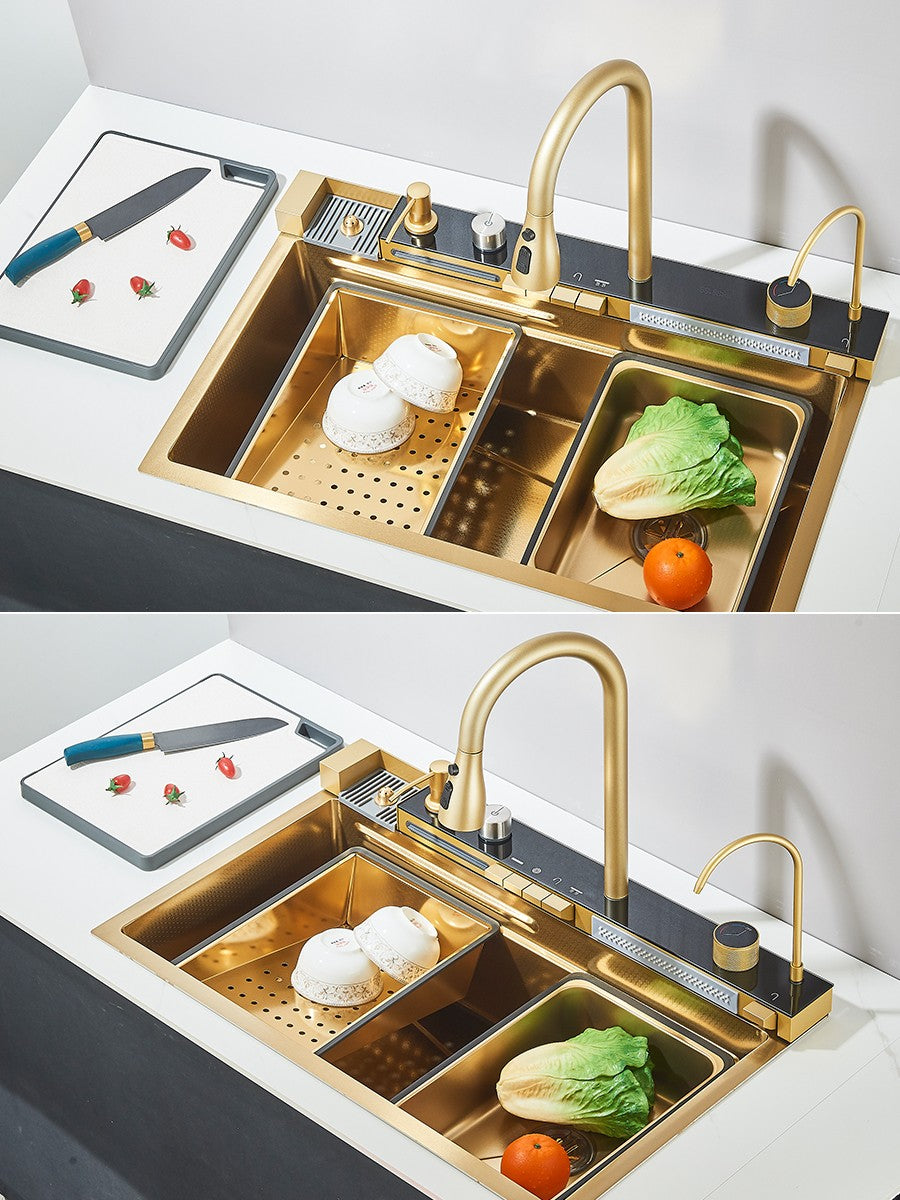 Large 304 Kitchen Sinks 75x45cm Stainless Steel Kitchen Waterfall Sink Digital Display Large Single Sink Dish Washer Faucet